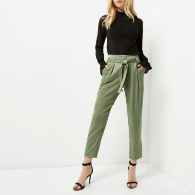 Light green soft tie waist tapered trousers